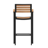 English Elm Commercial Grade Commercial Grade Bar Height Stool with Arms, All-Weather Outdoor Bar Stool with Faux Wood Poly Resin Slats and Aluminum Frame,