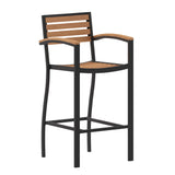 English Elm Commercial Grade Commercial Grade Bar Height Stool with Arms, All-Weather Outdoor Bar Stool with Faux Wood Poly Resin Slats and Aluminum Frame,