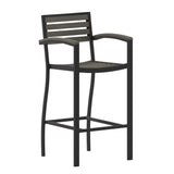 English Elm Commercial Grade Commercial Grade Bar Height Stool with Arms, All-Weather Outdoor Bar Stool with Faux Wood Poly Resin Slats and Aluminum Frame,