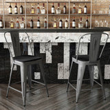 English Elm Commercial Grade 24'' High Clear Coated Indoor Counter Height Stool with Back and Black Poly Resin Wood Seat