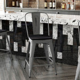 English Elm Commercial Grade 24'' High Clear Coated Indoor Counter Height Stool with Back and Black Poly Resin Wood Seat