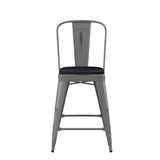 English Elm Commercial Grade 24'' High Clear Coated Indoor Counter Height Stool with Back and Black Poly Resin Wood Seat