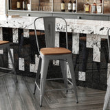 English Elm Commercial Grade 24'' High Clear Coated Indoor Counter Height Stool with Back and Teak Poly Resin Wood Seat