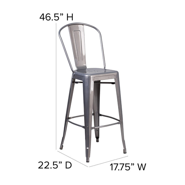 English Elm Commercial Grade 30'' High Clear Coated Indoor Barstool with Back and Black Poly Resin Wood Seat