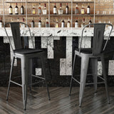 English Elm Commercial Grade 30'' High Clear Coated Indoor Barstool with Back and Black Poly Resin Wood Seat