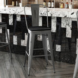 English Elm Commercial Grade 30'' High Clear Coated Indoor Barstool with Back and Black Poly Resin Wood Seat