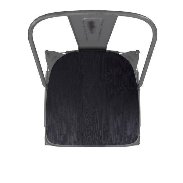 English Elm Commercial Grade 30'' High Clear Coated Indoor Barstool with Back and Black Poly Resin Wood Seat