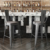 English Elm Commercial Grade 30'' High Clear Coated Indoor Barstool with Back and Poly Resin Wood Seat