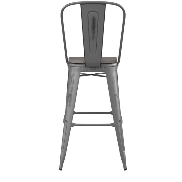 English Elm Commercial Grade 30'' High Clear Coated Indoor Barstool with Back and Poly Resin Wood Seat