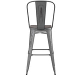 English Elm Commercial Grade 30'' High Clear Coated Indoor Barstool with Back and Poly Resin Wood Seat