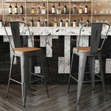 English Elm Commercial Grade 30'' High Clear Coated Indoor Barstool with Back and Teak Poly Resin Wood Seat