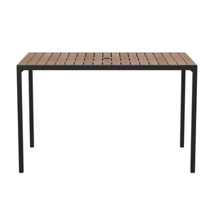 English Elm Commercial Grade Outdoor Dining Table with Synthetic Poly Slats - 30" x 48" Steel Framed Restaurant Table with Umbrella Holder Hole