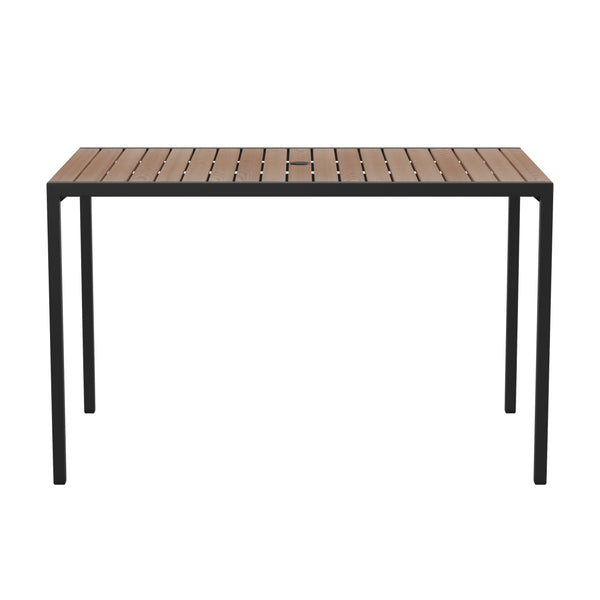 English Elm Commercial Grade Outdoor Dining Table with Synthetic Poly Slats - 30" x 48" Steel Framed Restaurant Table with Umbrella Holder Hole