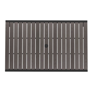 English Elm Commercial Grade Outdoor Dining Table with Synthetic Poly Slats - 30" x 48" Steel Framed Restaurant Table with Umbrella Holder Hole