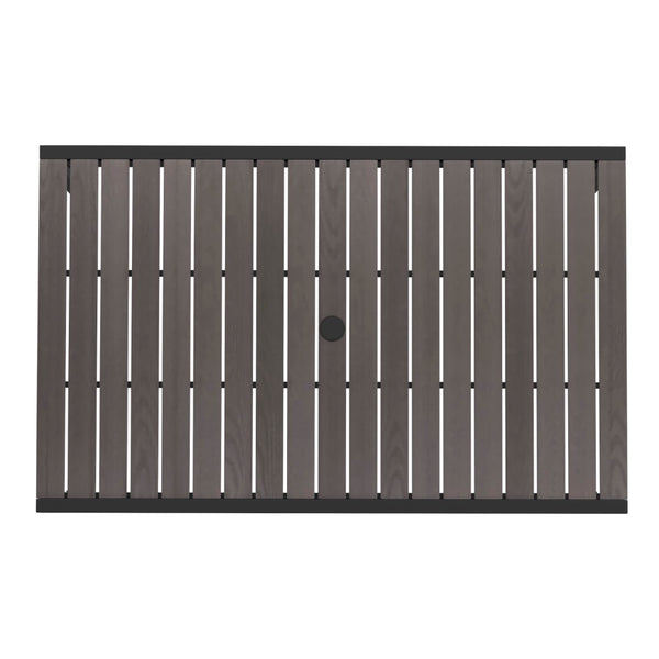 English Elm Commercial Grade Outdoor Dining Table with Synthetic Poly Slats - 30" x 48" Steel Framed Restaurant Table with Umbrella Holder Hole