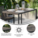 English Elm Commercial Grade Outdoor Dining Table with Synthetic Poly Slats - 30" x 48" Steel Framed Restaurant Table with Umbrella Holder Hole