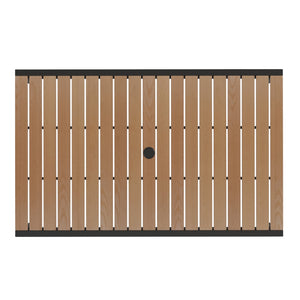 English Elm Commercial Grade 3 Piece Outdoor Patio Table Set - 30" x 48" Synthetic Teak Patio Table with Umbrella and Base