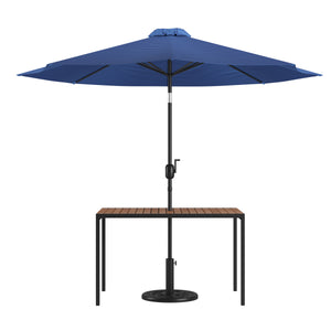 English Elm Commercial Grade 3 Piece Outdoor Patio Table Set - 30" x 48" Synthetic Teak Patio Table with Umbrella and Base
