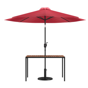 English Elm Commercial Grade 3 Piece Outdoor Patio Table Set - 30" x 48" Synthetic Teak Patio Table with Umbrella and Base