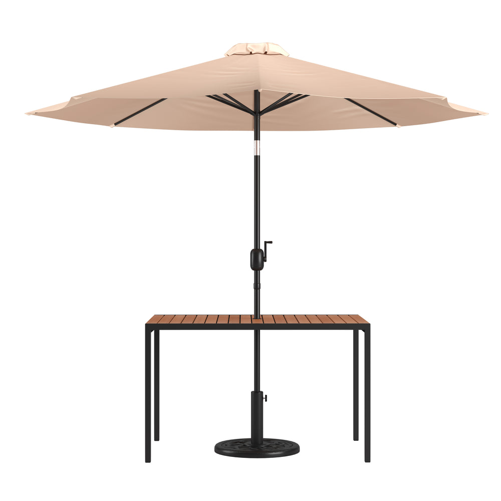 English Elm Commercial Grade 3 Piece Outdoor Patio Table Set - 30" x 48" Square Synthetic Teak Patio Table with Umbrella and Base