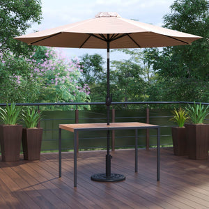 English Elm Commercial Grade 3 Piece Outdoor Patio Table Set - 30" x 48" Square Synthetic Teak Patio Table with Umbrella and Base