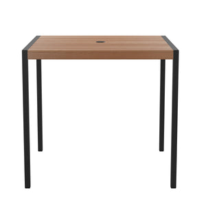 English Elm Commercial Grade Outdoor Dining Table with Synthetic Poly Slats - 35" Square Steel Framed Restaurant Table with Umbrella Holder Hole