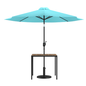 English Elm Commercial Grade 3 Piece Outdoor Patio Table Set - 35" Square Synthetic Teak Patio Table with Umbrella and Base