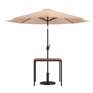 English Elm Commercial Grade 3 Piece Outdoor Patio Table Set - 35" Square Synthetic Teak Patio Table with Umbrella Hole and Umbrella with Base