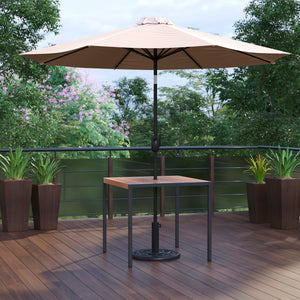 English Elm Commercial Grade 3 Piece Outdoor Patio Table Set - 35" Square Synthetic Teak Patio Table with Umbrella Hole and Umbrella with Base