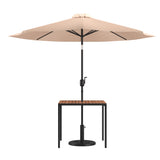 English Elm Commercial Grade 3 Piece Outdoor Patio Table Set - 35" Square Synthetic Teak Patio Table with Umbrella Hole and Umbrella with Base