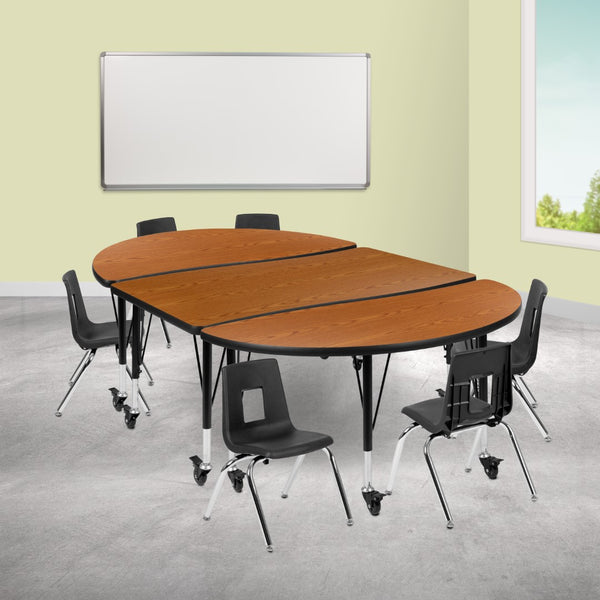 English Elm Commercial Grade Mobile 76" Oval Wave Flexible Laminate Activity Table Set with 12" Student Stack Chairs, /Black