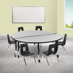 English Elm Commercial Grade Mobile 60" Circle Wave Flexible Laminate Activity Table Set with 12" Student Stack Chairs, /Black