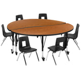 English Elm Commercial Grade Mobile 60" Circle Wave Flexible Laminate Activity Table Set with 12" Student Stack Chairs, /Black