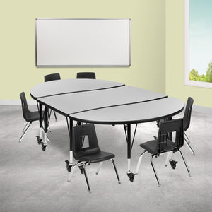 English Elm Commercial Grade Mobile 76" Oval Wave Flexible Laminate Activity Table Set with 14" Student Stack Chairs, /Black