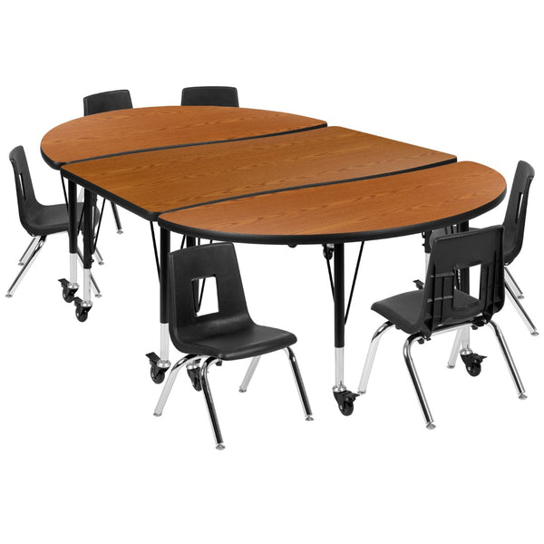 English Elm Commercial Grade Mobile 76" Oval Wave Flexible Laminate Activity Table Set with 14" Student Stack Chairs, /Black