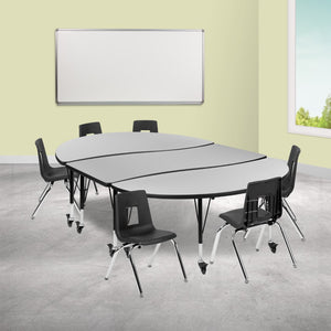 English Elm Commercial Grade Mobile 86" Oval Wave Flexible Laminate Activity Table Set with 14" Student Stack Chairs, /Black