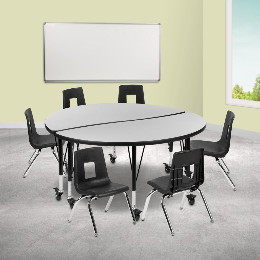 English Elm Commercial Grade Mobile 47.5" Circle Wave Flexible Laminate Activity Table Set with 14" Student Stack Chairs, /Black