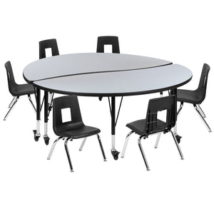 English Elm Commercial Grade Mobile 60" Circle Wave Flexible Laminate Activity Table Set with 14" Student Stack Chairs, /Black