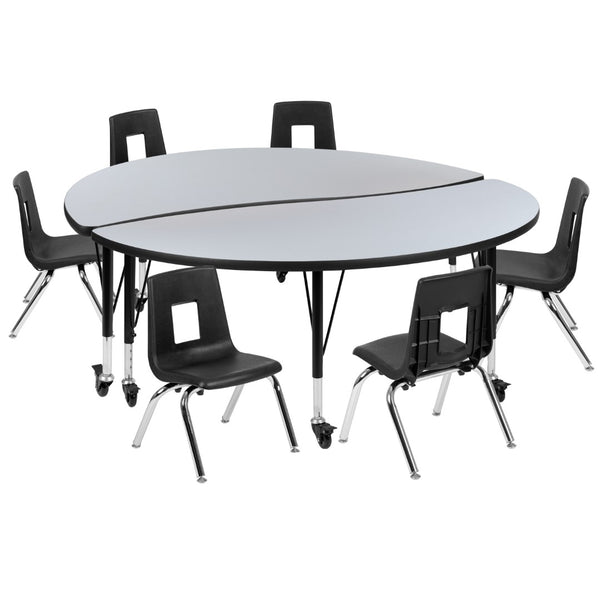 English Elm Commercial Grade Mobile 60" Circle Wave Flexible Laminate Activity Table Set with 14" Student Stack Chairs, /Black