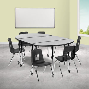 English Elm Commercial Grade Mobile 76" Oval Wave Flexible Laminate Activity Table Set with 16" Student Stack Chairs, /Black