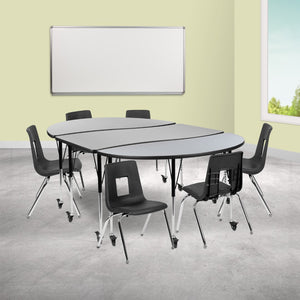 English Elm Commercial Grade Mobile 86" Oval Wave Flexible Laminate Activity Table Set with 16" Student Stack Chairs, /Black