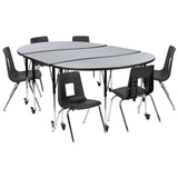 English Elm Commercial Grade Mobile 86" Oval Wave Flexible Laminate Activity Table Set with 16" Student Stack Chairs, /Black