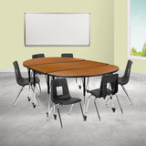 English Elm Commercial Grade Mobile 86" Oval Wave Flexible Laminate Activity Table Set with 16" Student Stack Chairs, /Black