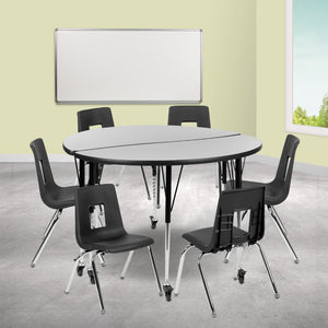 English Elm Commercial Grade Mobile 47.5" Circle Wave Flexible Laminate Activity Table Set with 16" Student Stack Chairs, /Black