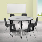 English Elm Commercial Grade Mobile 47.5" Circle Wave Flexible Laminate Activity Table Set with 16" Student Stack Chairs, /Black