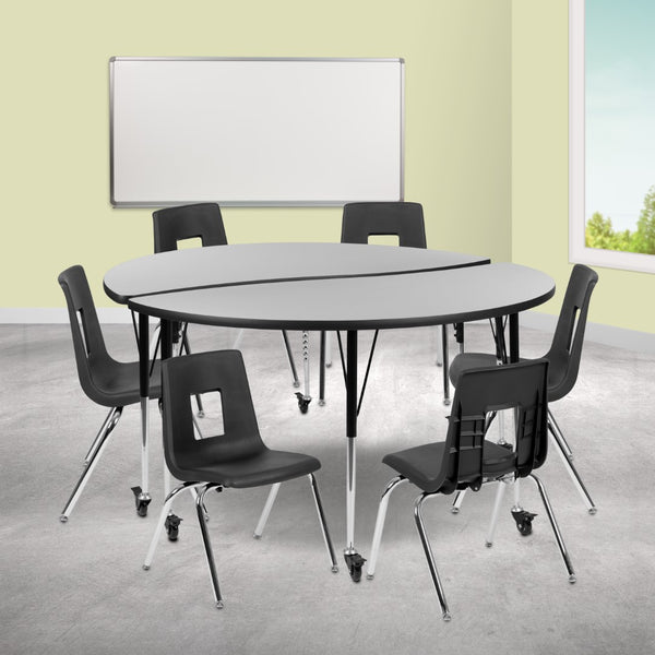 English Elm Commercial Grade Mobile 60" Circle Wave Flexible Laminate Activity Table Set with 16" Student Stack Chairs, /Black