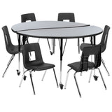 English Elm Commercial Grade Mobile 60" Circle Wave Flexible Laminate Activity Table Set with 16" Student Stack Chairs, /Black