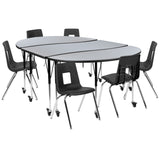 English Elm Commercial Grade Mobile 86" Oval Wave Flexible Laminate Activity Table Set with 18" Student Stack Chairs, /Black