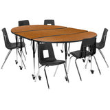 English Elm Commercial Grade Mobile 86" Oval Wave Flexible Laminate Activity Table Set with 18" Student Stack Chairs, /Black