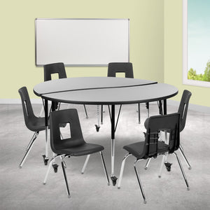 English Elm Commercial Grade Mobile 60" Circle Wave Flexible Laminate Activity Table Set with 18" Student Stack Chairs, /Black